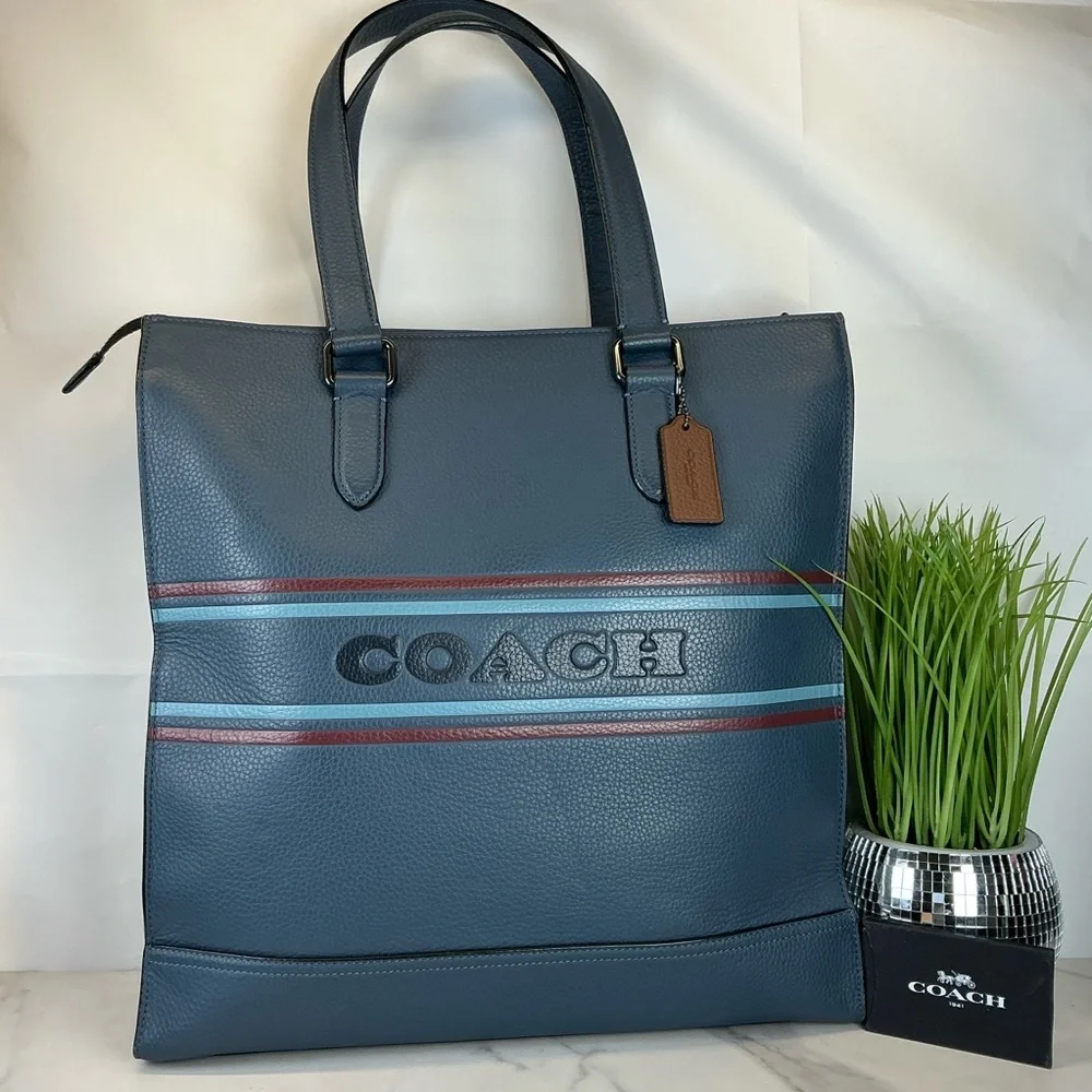 Coach Unisex Graham Stripe Blue‎ Leather Large Tote Bag Work Laptop Crossbody